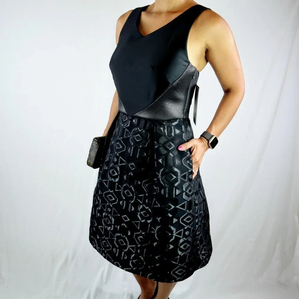 NWT Theia Black Printed A-Line Cocktail Dress $650 - Picture 5 of 10
